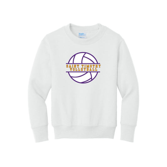 White sweatshirt with 'Saint Vincent Volleyball' design on a white background