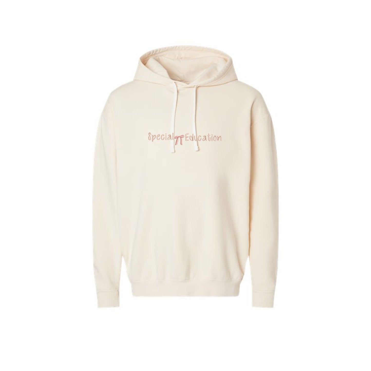 ivory comfort colors pullover hoodie with custom special education and mini bow embroidered design on the center chest in pink apricot and coral pink thread