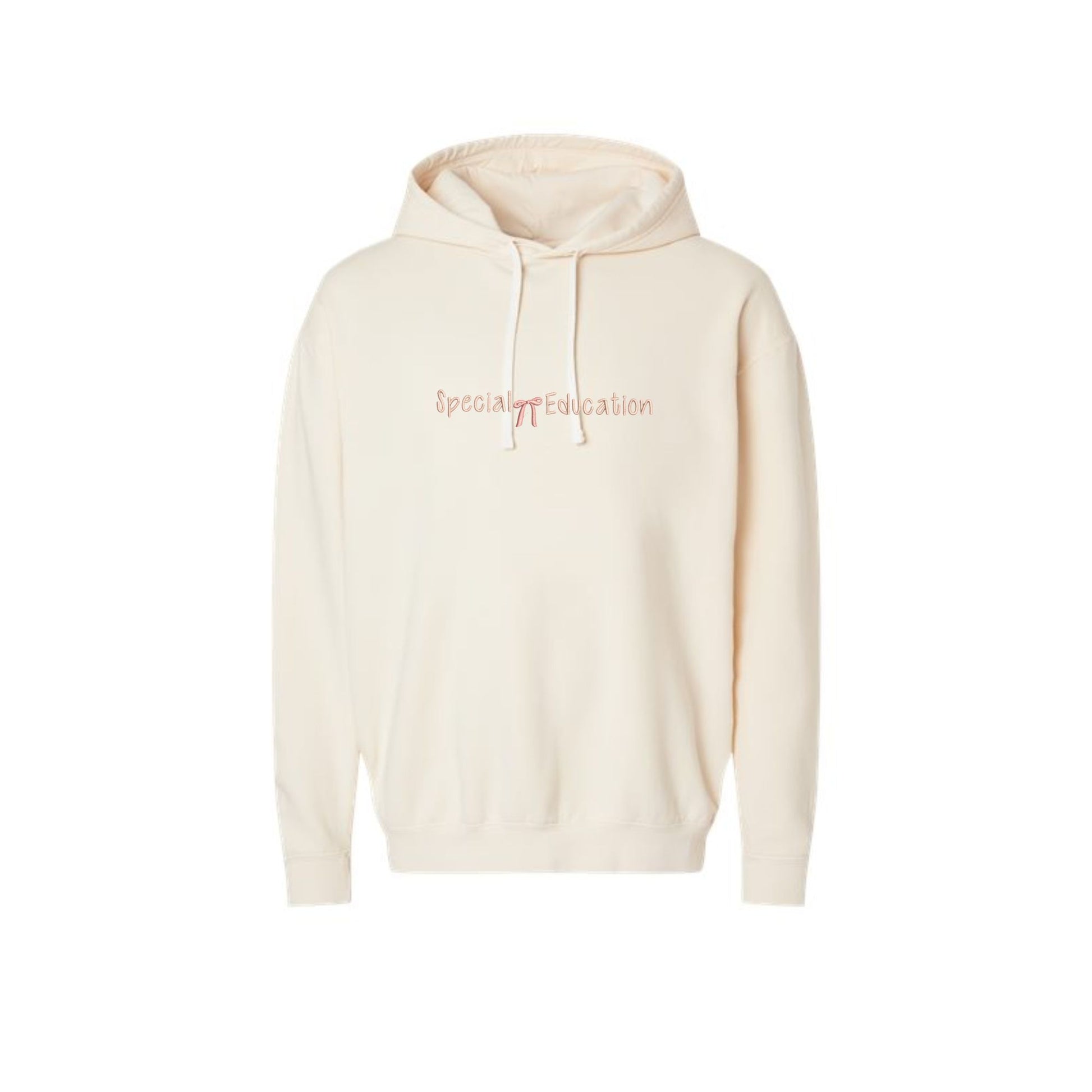 ivory comfort colors pullover hoodie with custom special education and mini bow embroidered design on the center chest in pink apricot and coral pink thread