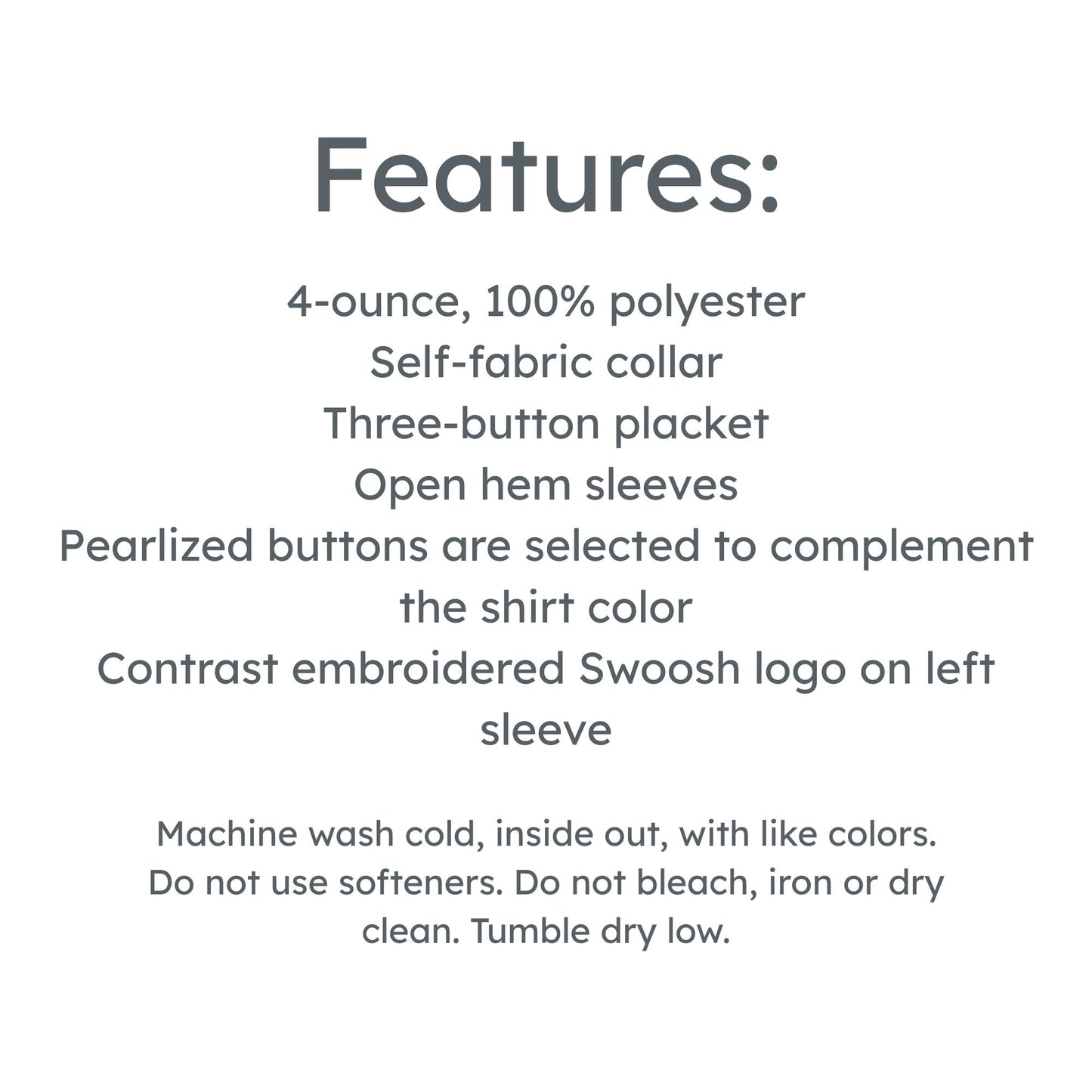 Text detailing features of a shirt on a white background