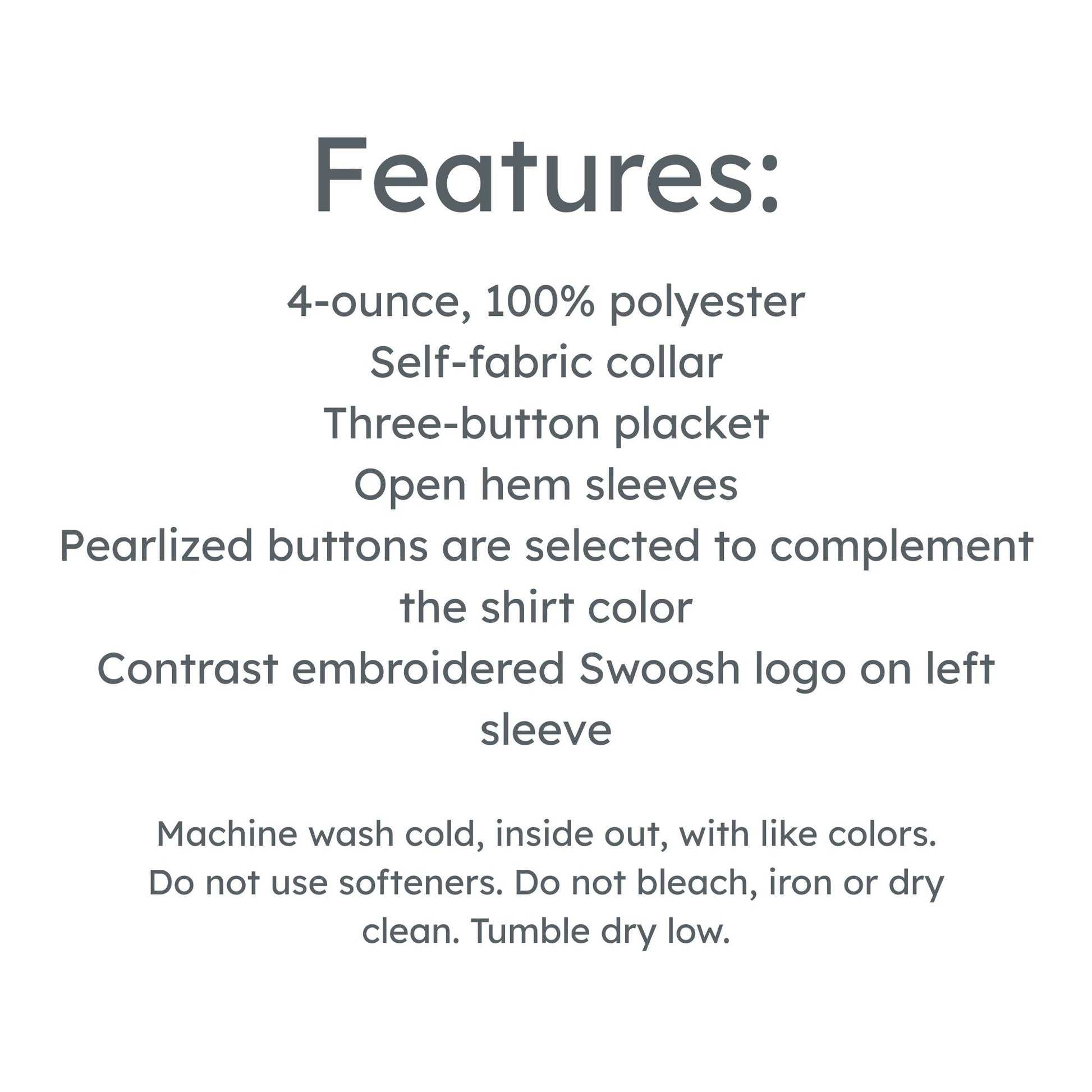 Text detailing features of a shirt on a white background