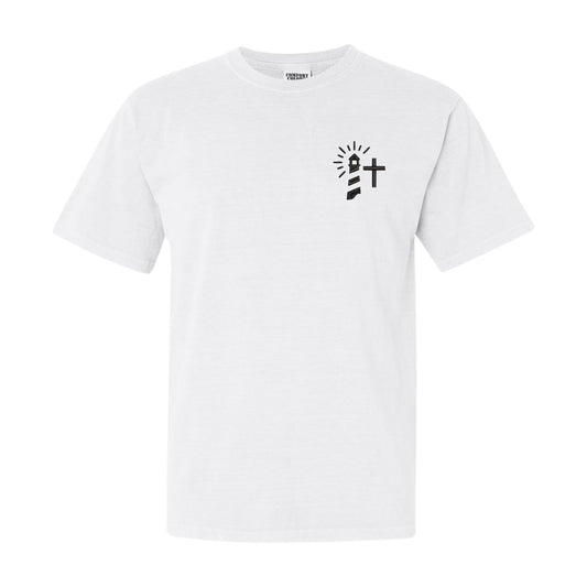 white comfort colors tee with embroidered lighthouse and cross design