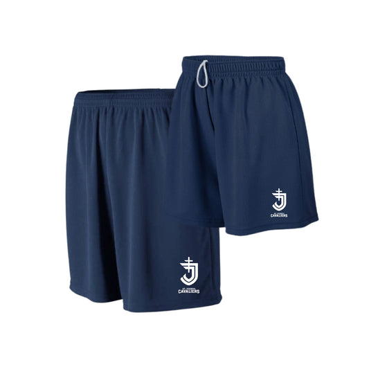 Navy blue shorts with a logo on a white background
