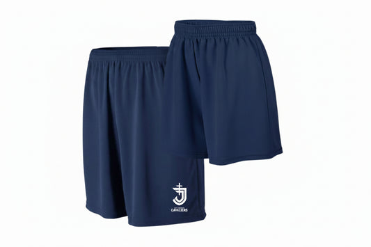 Navy blue shorts with a logo on a white background