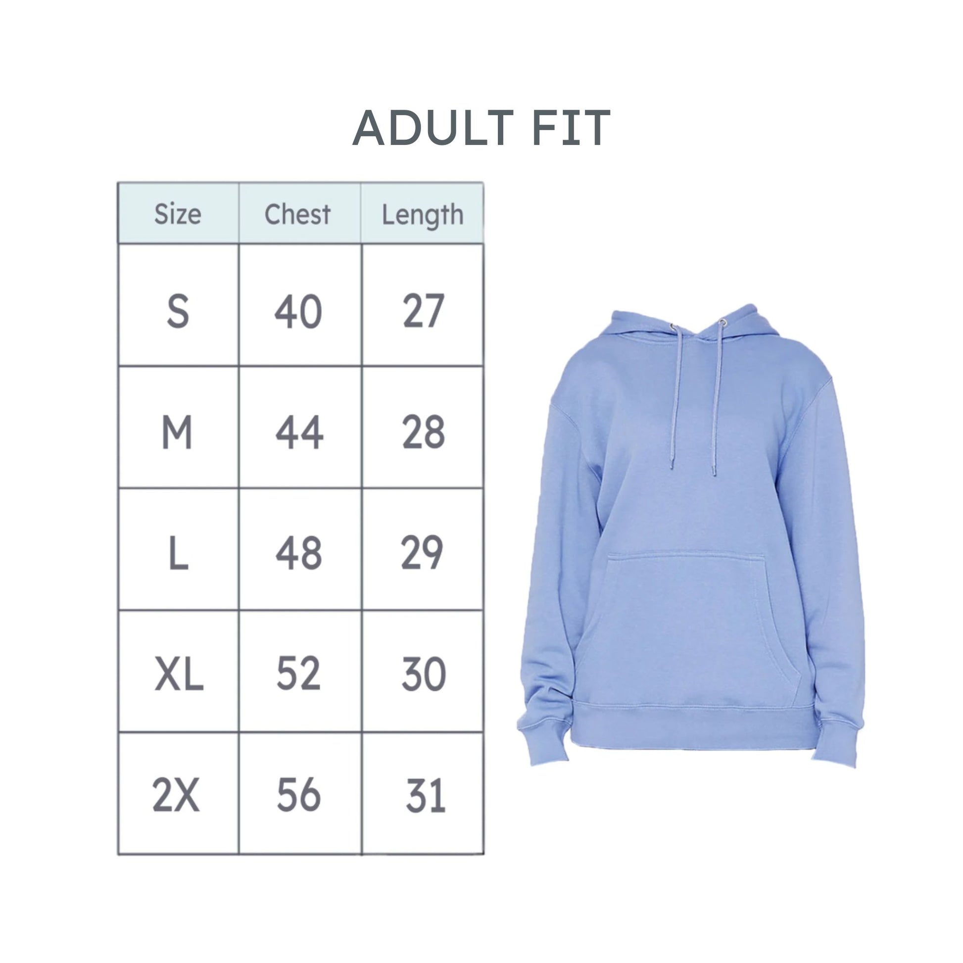 Light blue hoodie with size chart on a white background