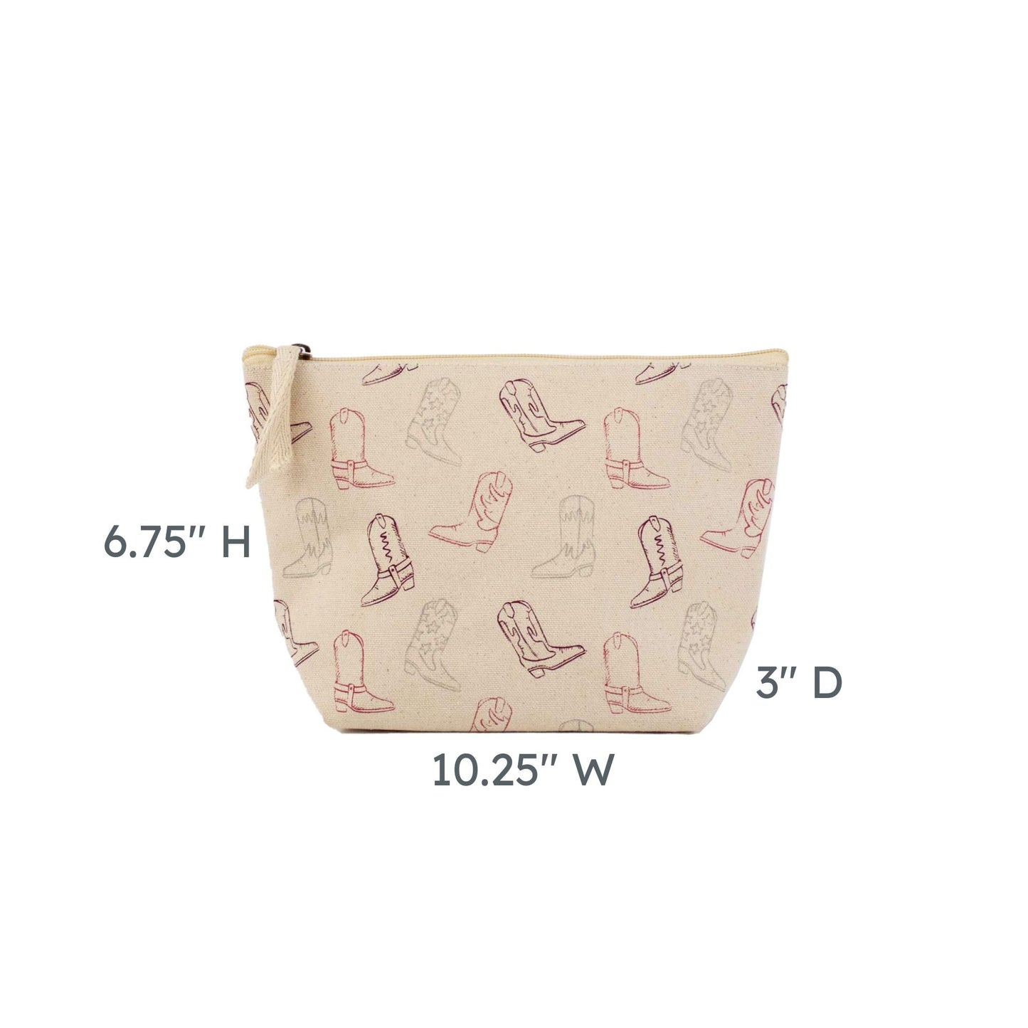 cosmetic pouch dimensions: 6.75" tall, 10.25" wide, 3" deep