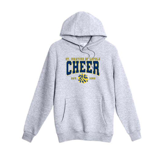 A light heather gray pullover hoodie with a front kangaroo pocket and a graphic on the chest reading 'St. Ignatius of Loyola Cheer' in navy blue and yellow, shown on a plain white background.