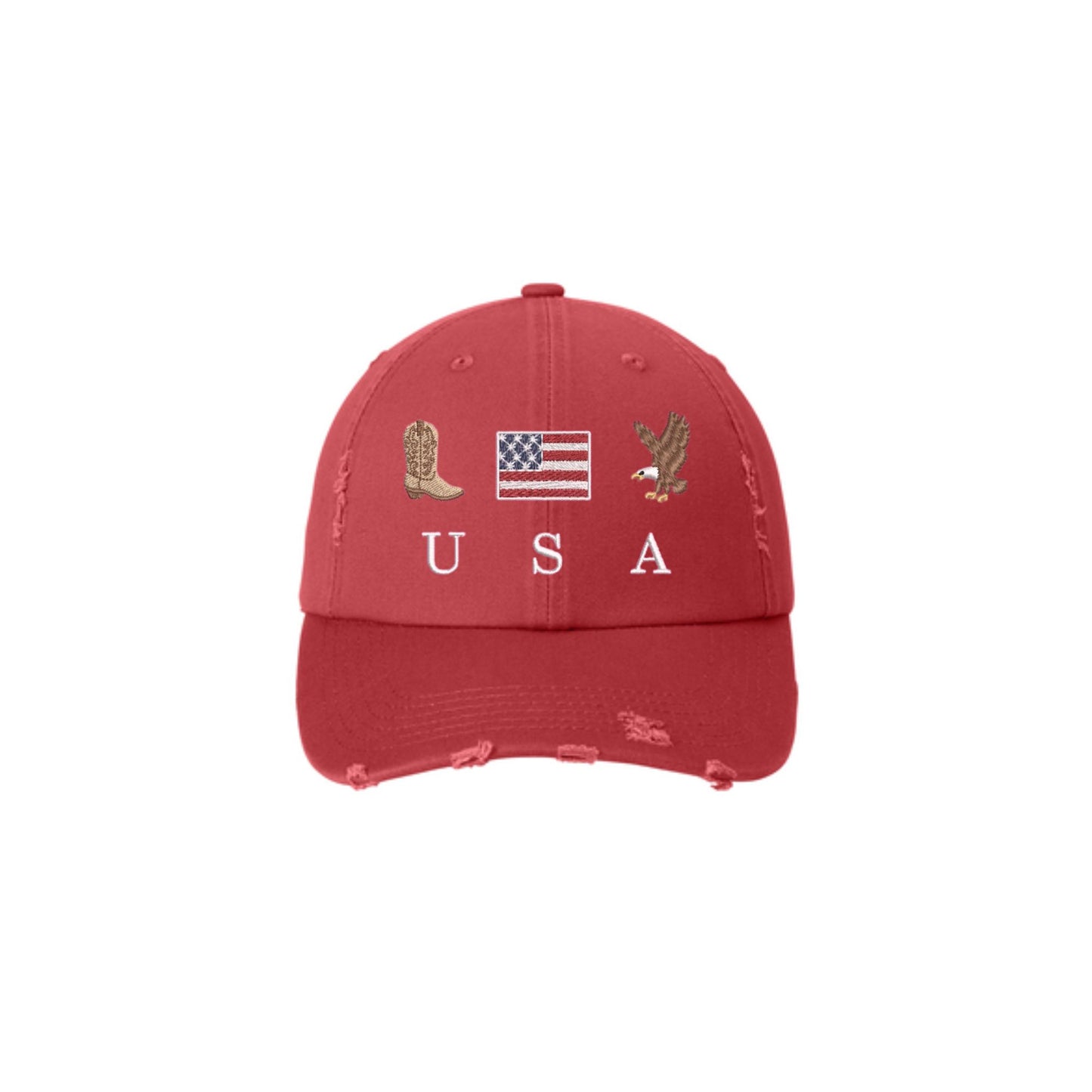 a dashing red distressed baseball cap with embroidered cowboy boot, american flag, eagle, and USA design