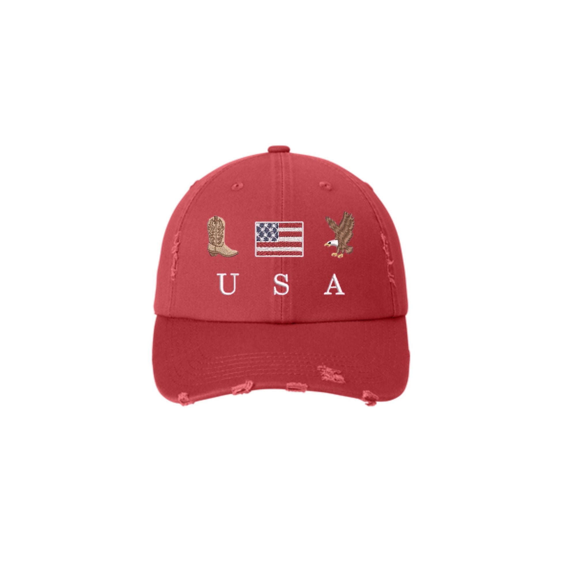 a dashing red distressed baseball cap with embroidered cowboy boot, american flag, eagle, and USA design