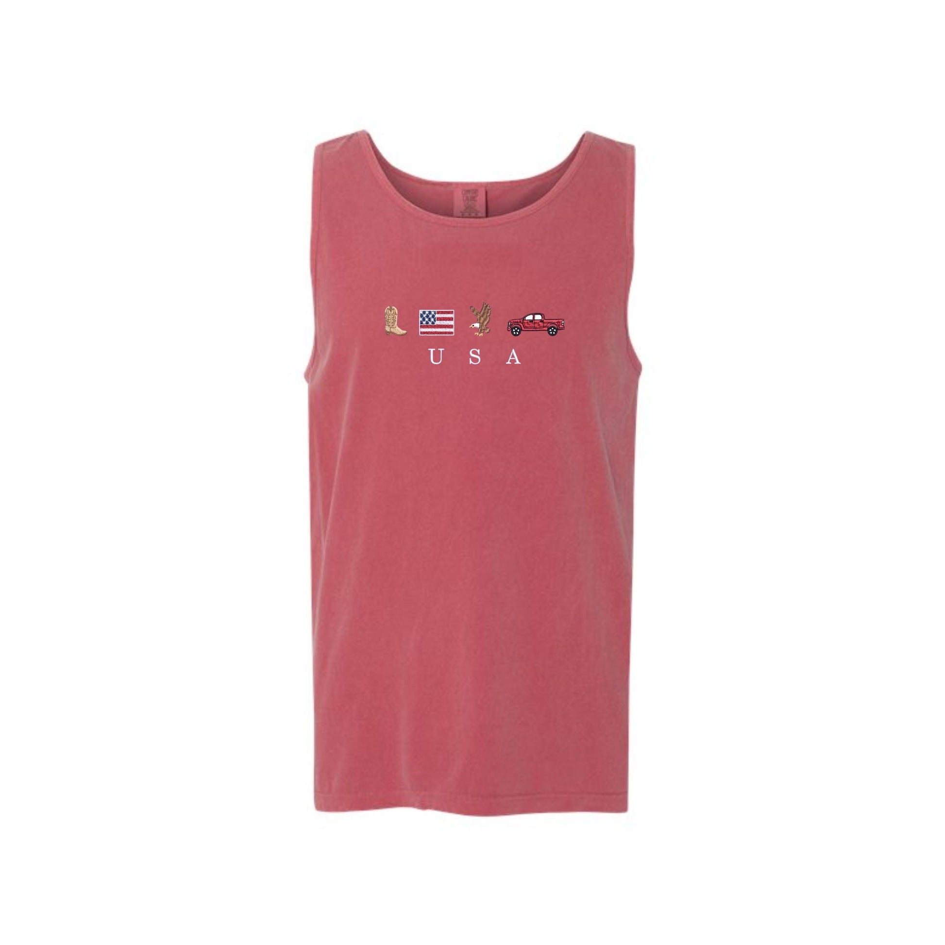 crimson comfort colors tank top with custom usa icon embroidered design on the center chest featuring a cowboy boot, american flag, bald eagle, and a pickup truck