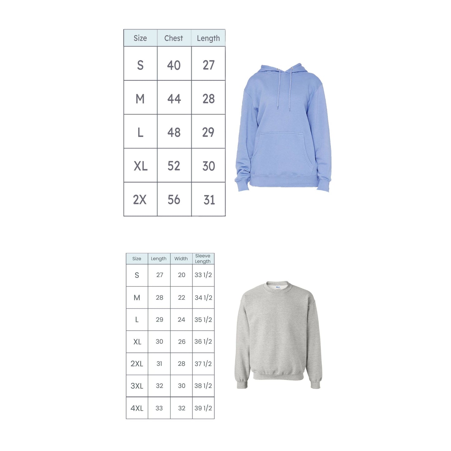 Light blue hoodie with size chart on a white background