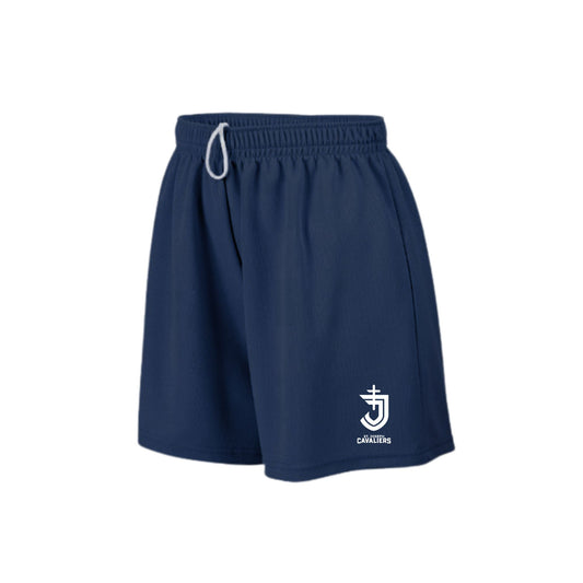 Navy shorts with a logo on a white background