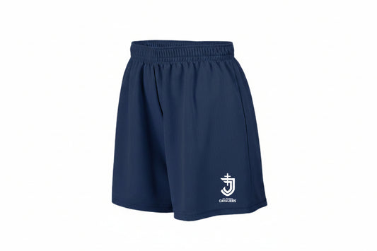 Navy shorts with a logo on a white background