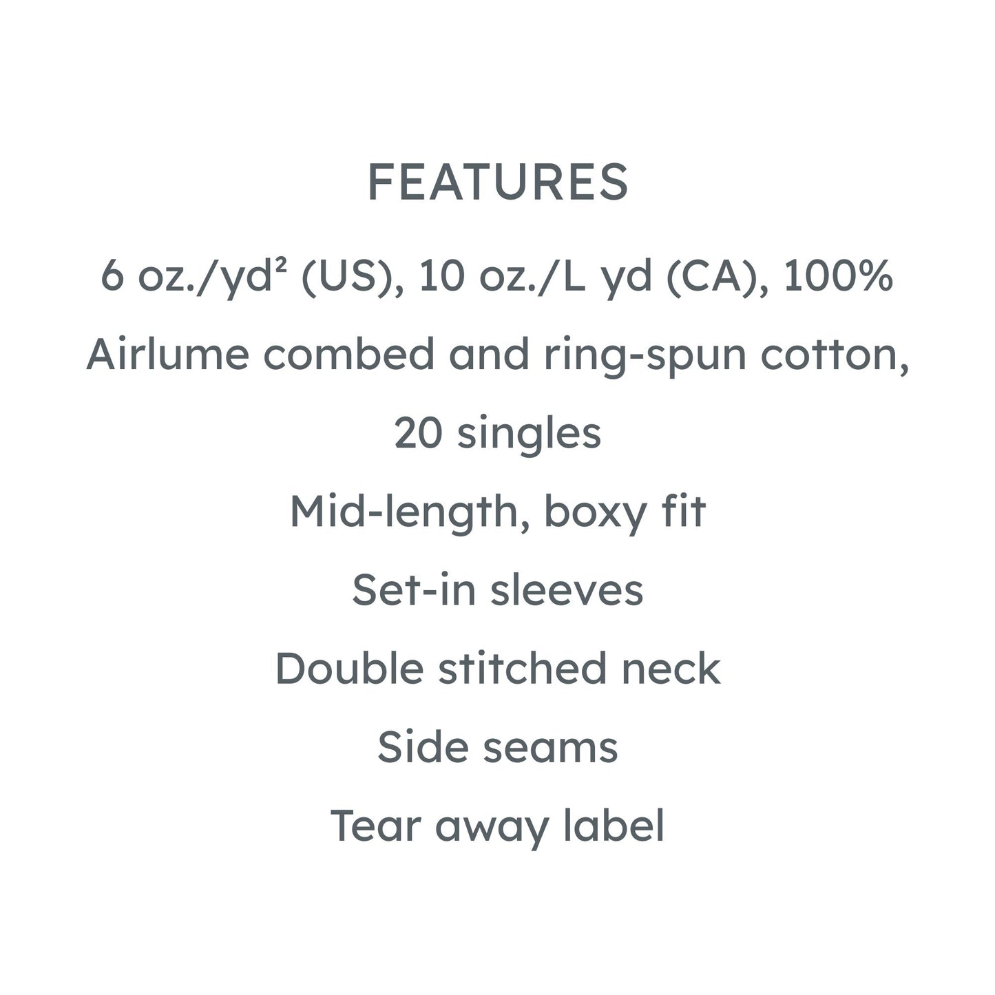 Text listing features of a garment on a white background