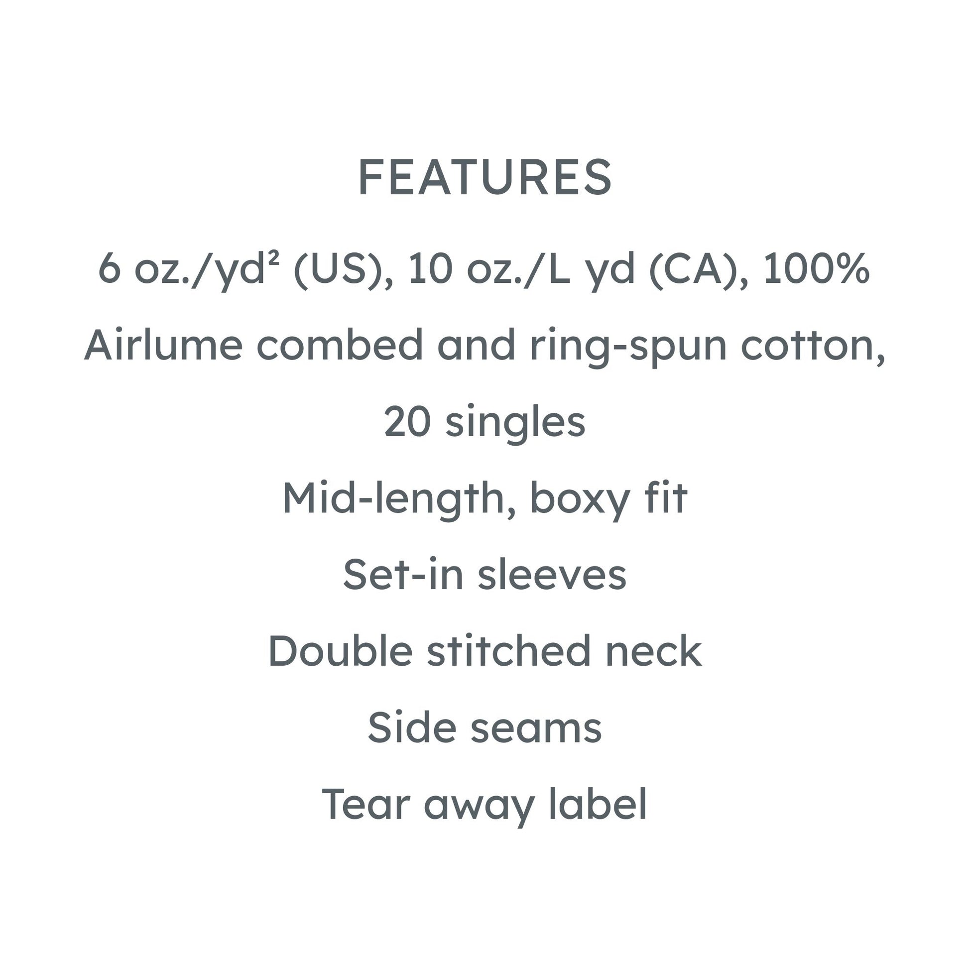 Text listing features of a garment on a white background