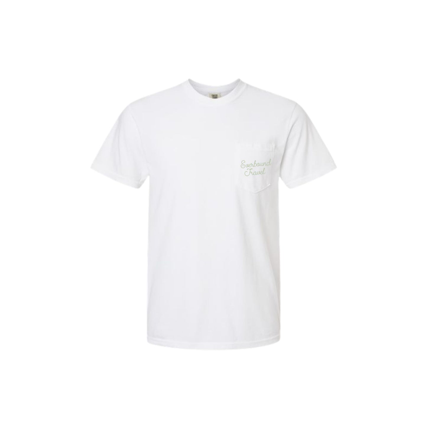 White t-shirt with a small logo on a white background