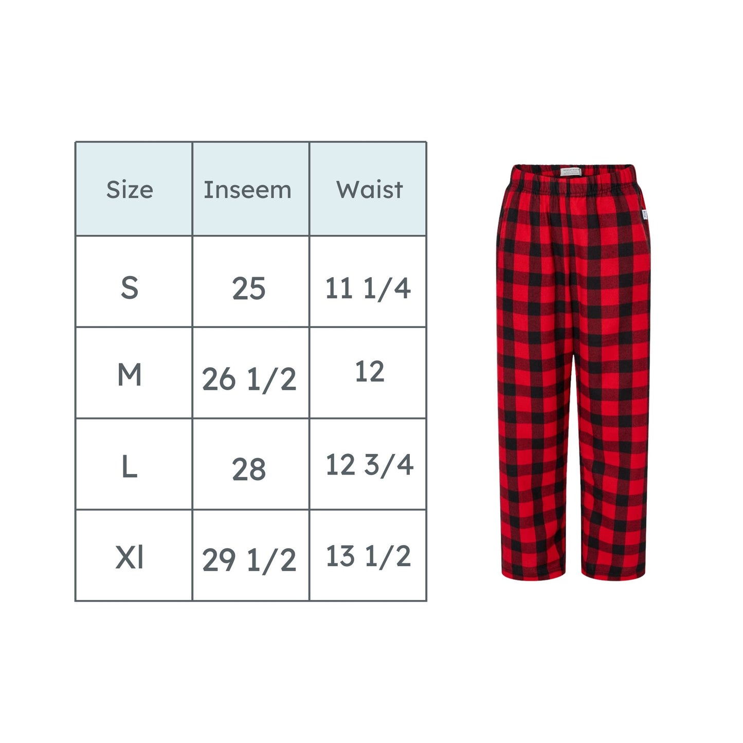 pajama pants size chart