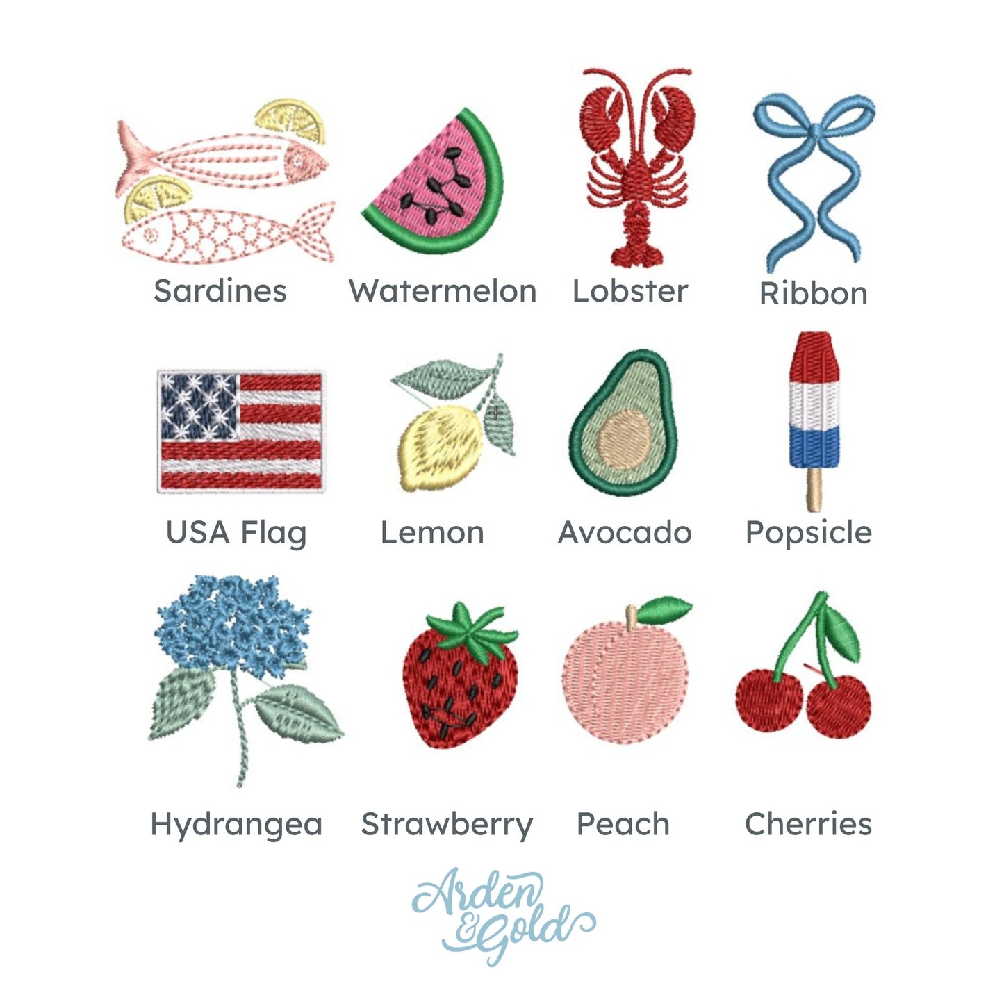 embroidered icon options: sardines, watermelon, lobster, ribbon, USA flag, lemon, avocado, popsicle, hydrangea, strawberry, peach, and cherries