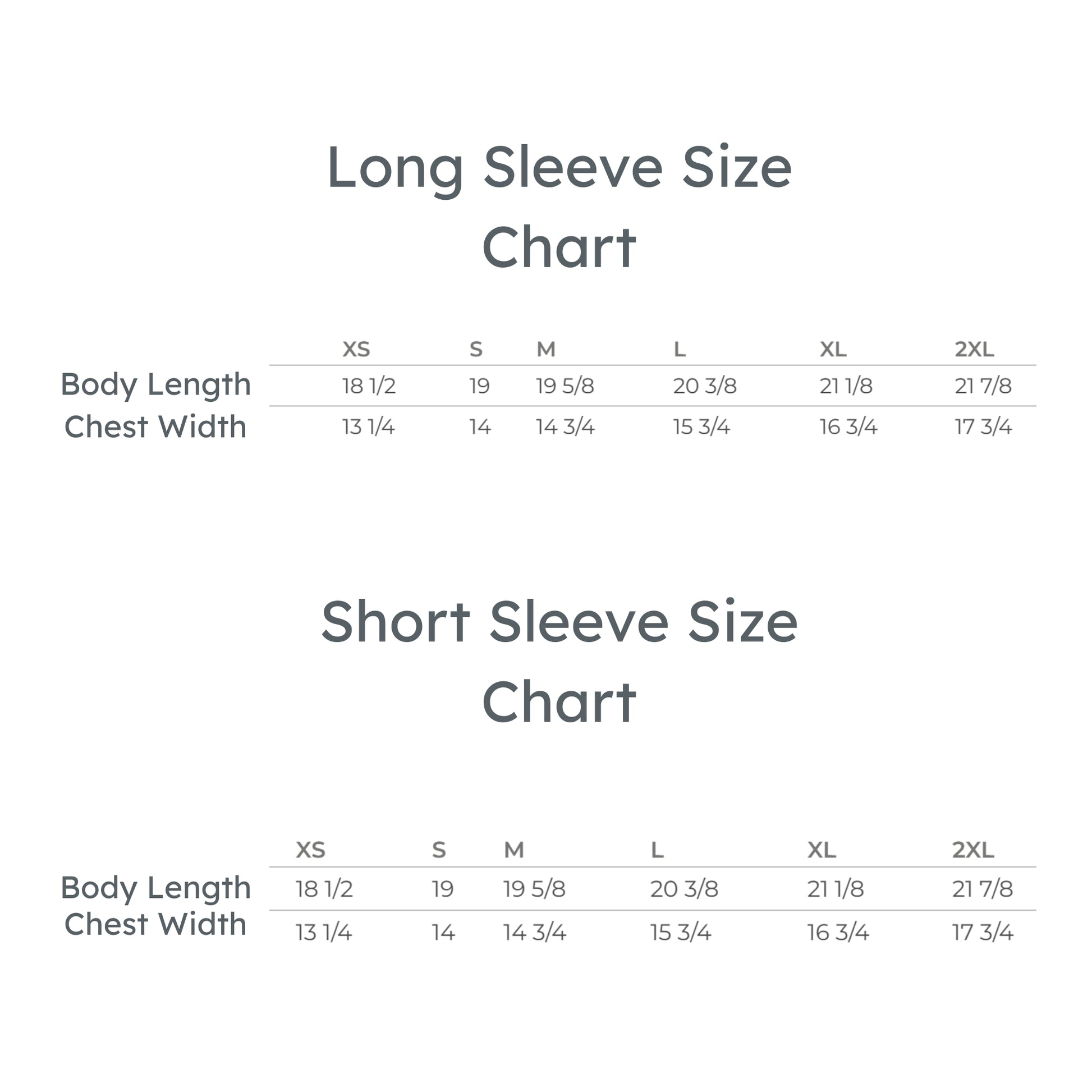 Size chart for long and short sleeve shirts with body length and chest width measurements.
