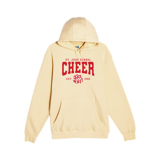 A light yellow-colored pullover hoodie with a red graphic on the chest reading 'ST. JUDE SCHOOL CHEER EST.