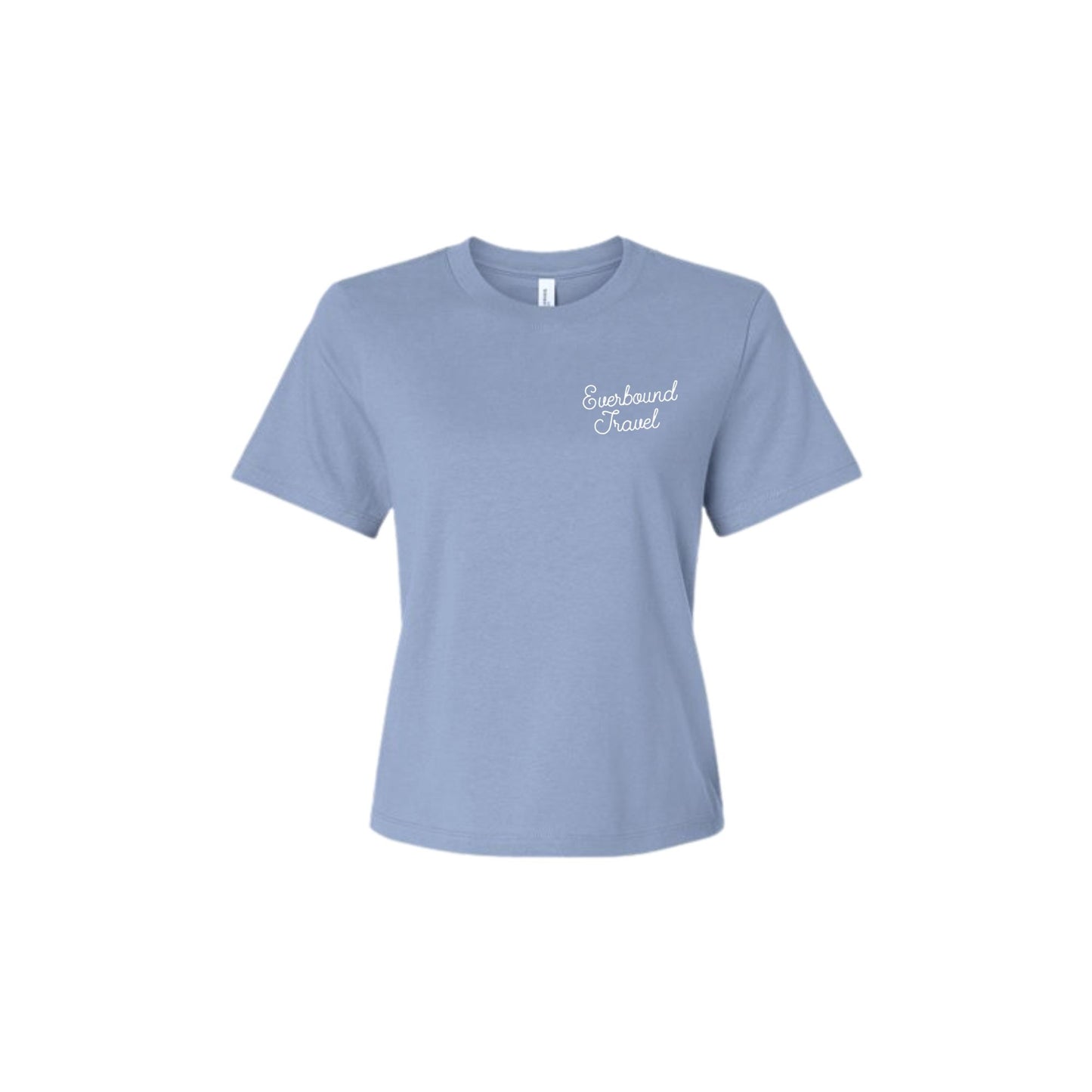 Light blue t-shirt with 'Expedient Travel' text on a white background