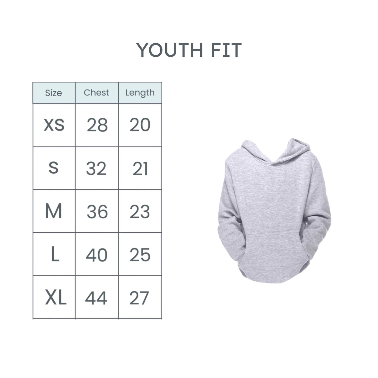 Size chart for youth fit with a gray hoodie on a white background