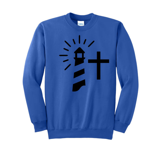 royal blue crew with large lighthouse print on the front