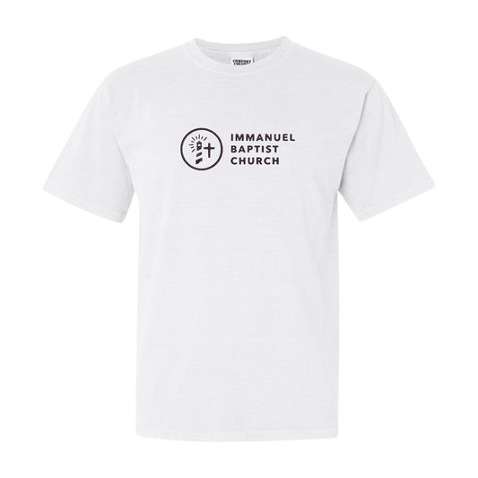 white comfort colors tee with embroidered immanuel baptist church logo