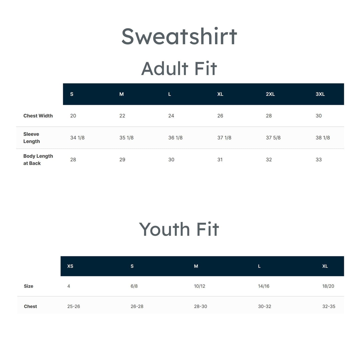 Measurement chart for sweatshirt sizes in adult and youth fits on a white background.