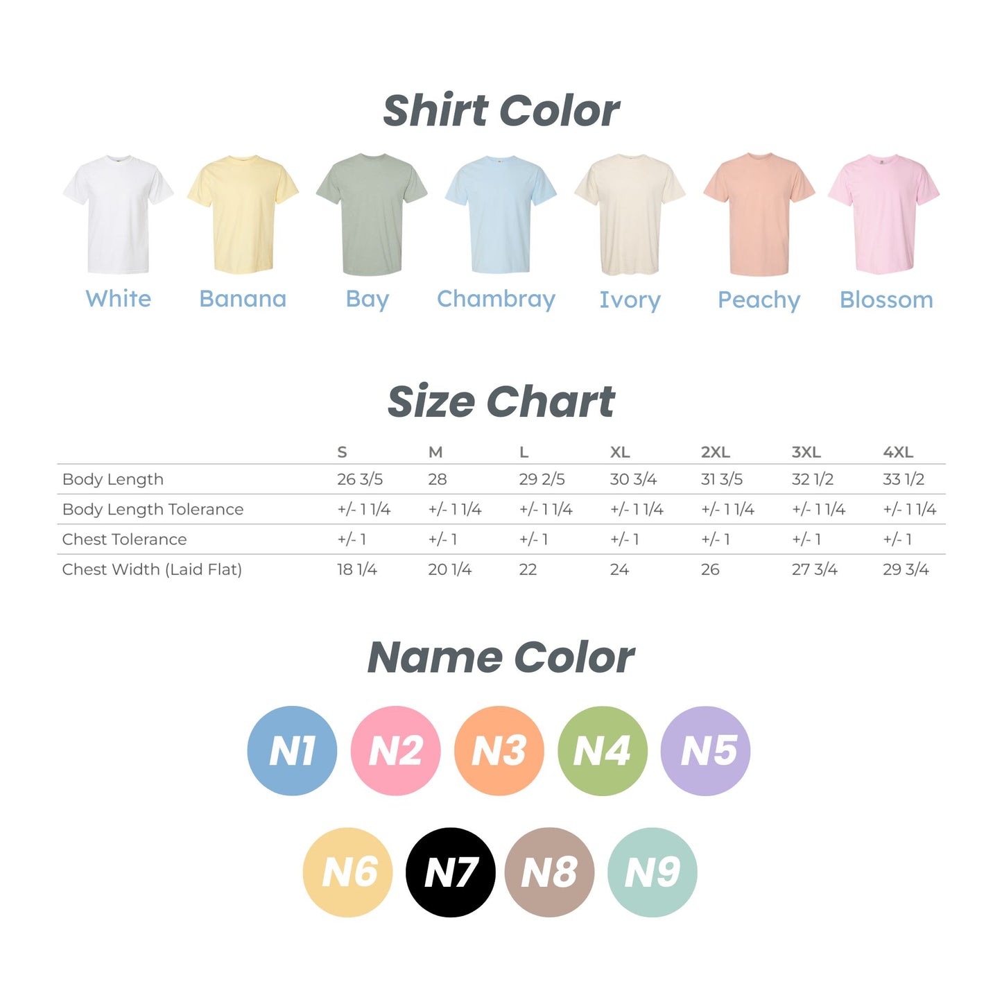 shirt color opions, shirt size chart, name color options