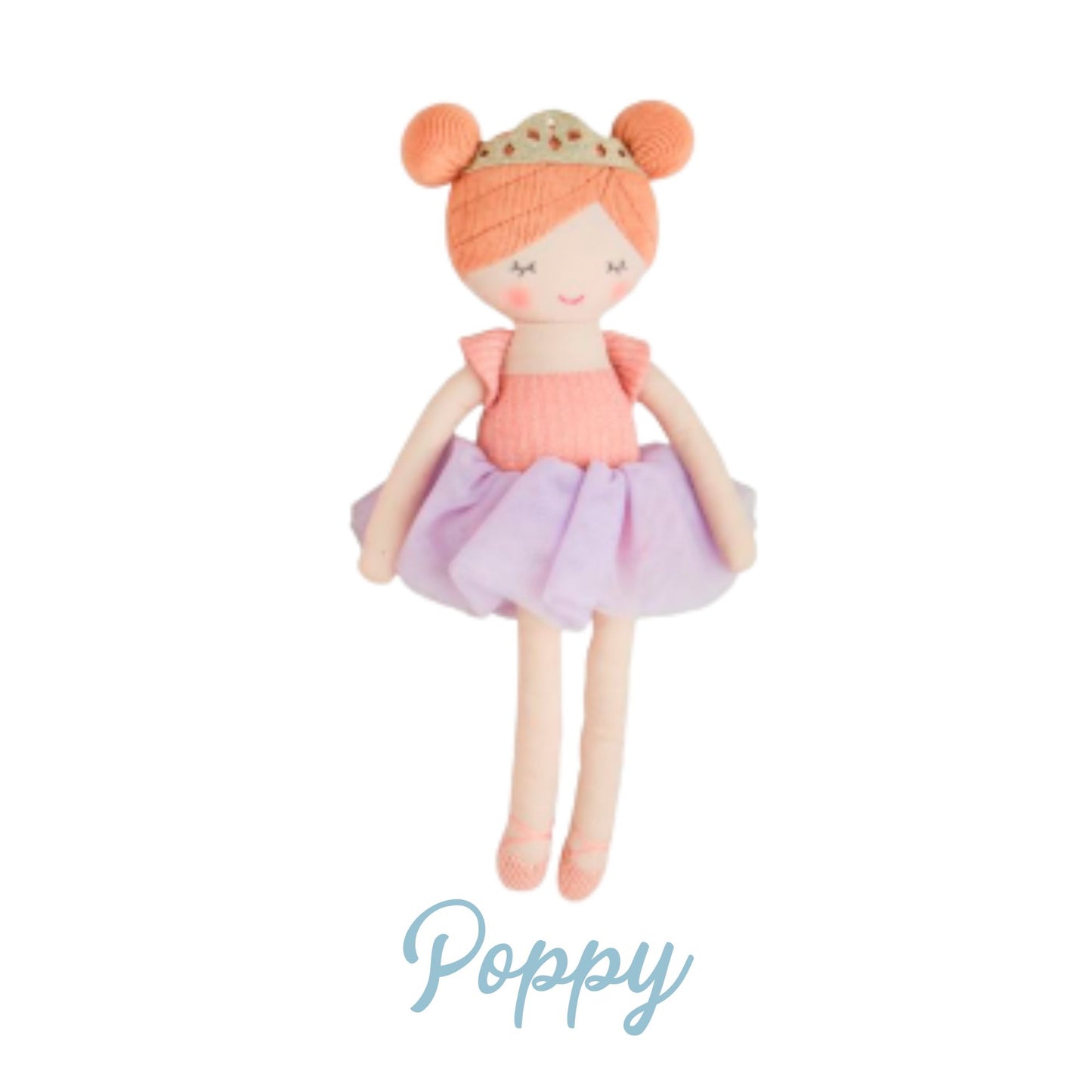 Doll with red hair, pink top, and purple skirt on a white background with 'Poppy' text.