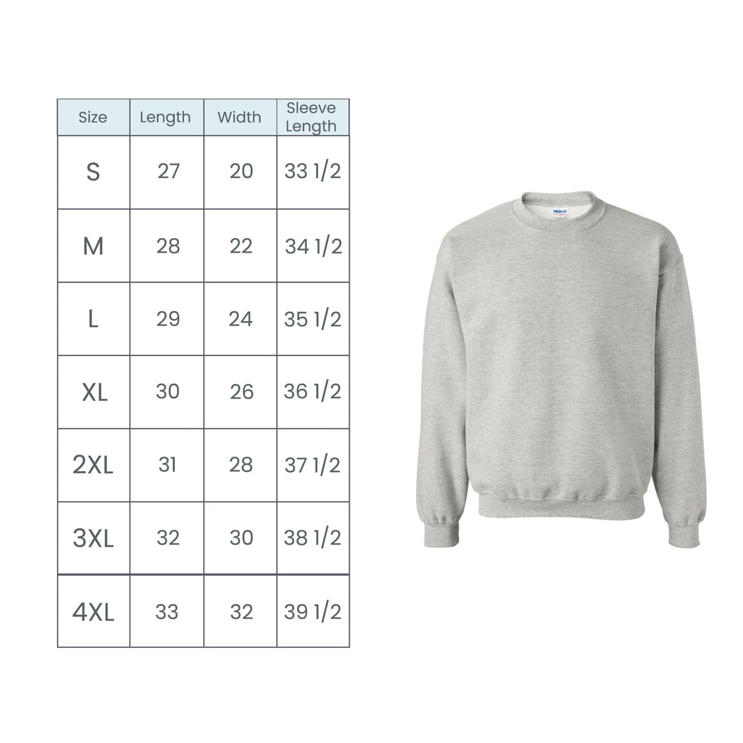 Gray sweatshirt with size chart on a white background