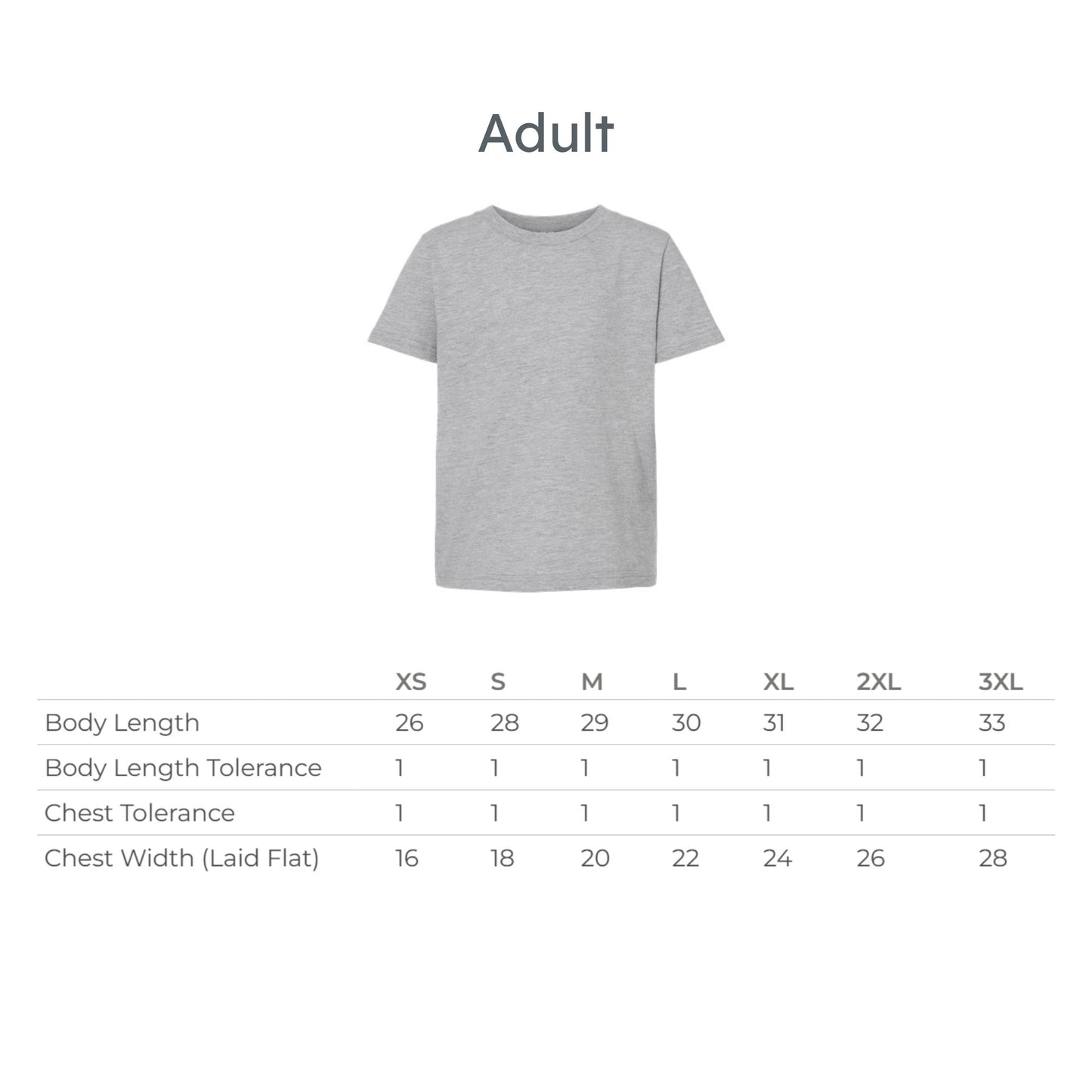 Gray t-shirt with size chart on a white background