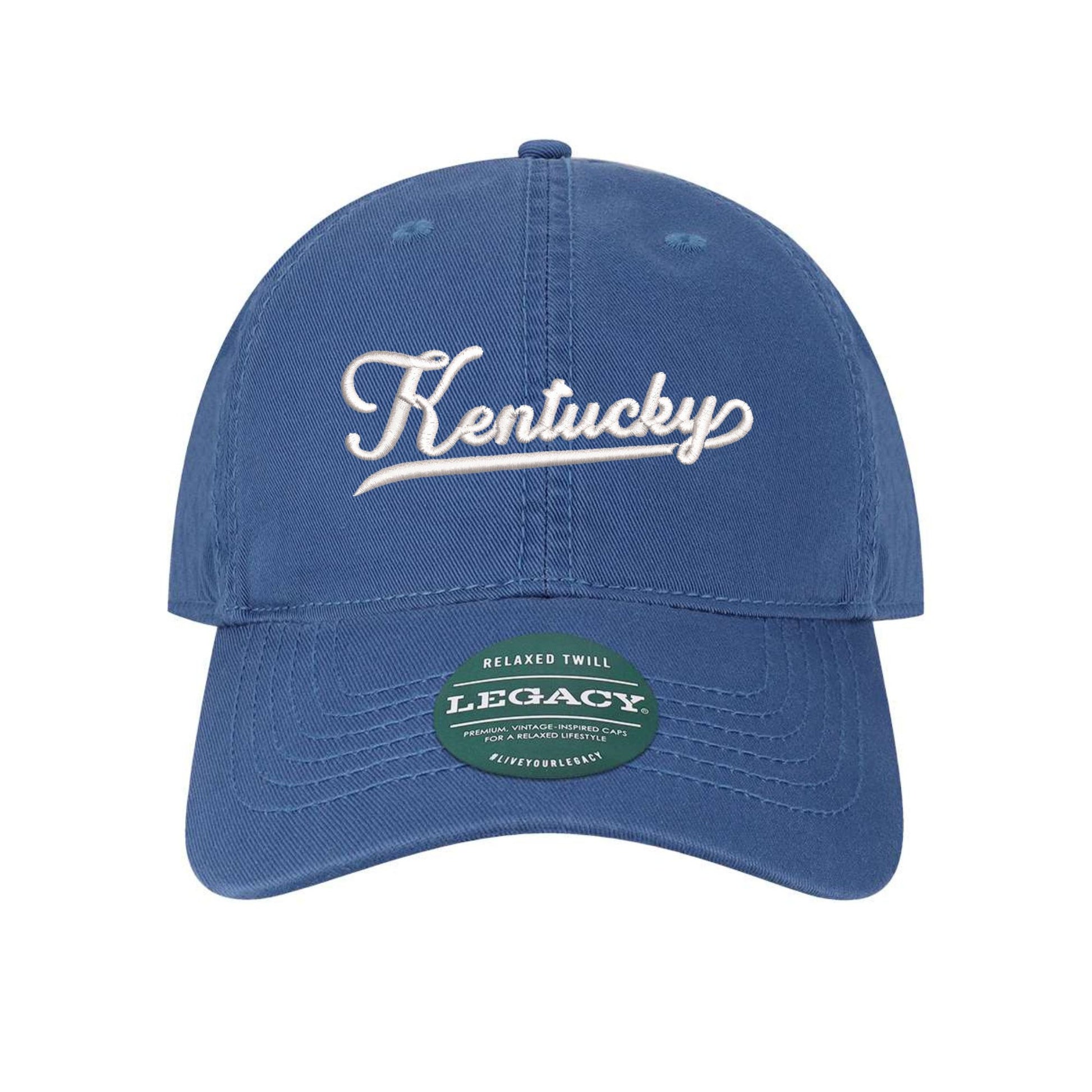 royal blue baseball hat with embroidered kentucky design in white thread