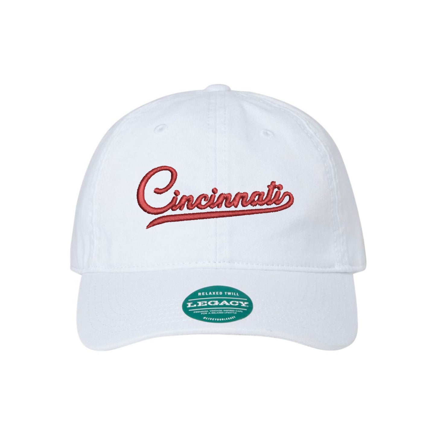 White baseball hat with embroidered Cincinnati design in red thread