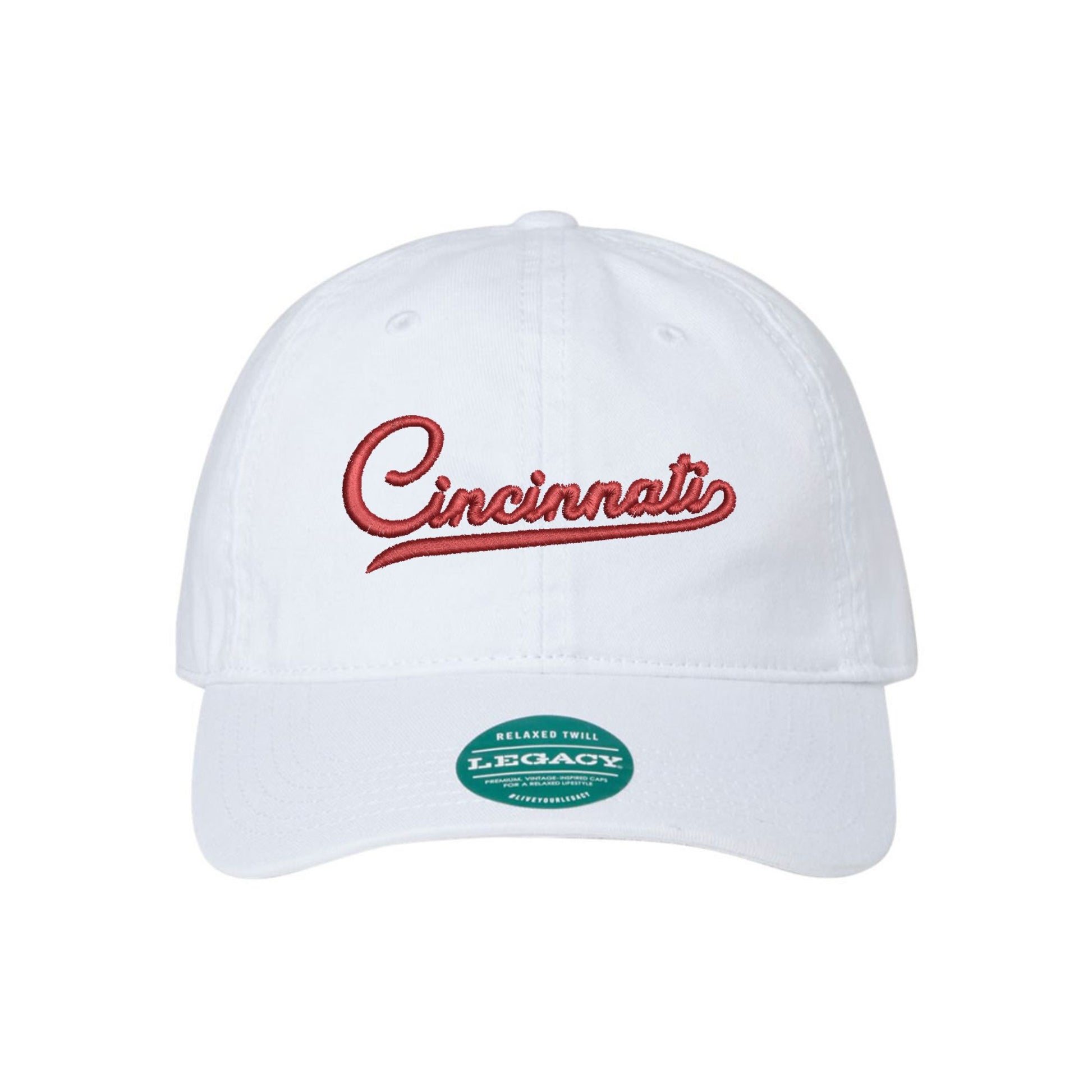 White baseball hat with embroidered Cincinnati design in red thread