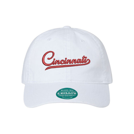 White baseball hat with embroidered Cincinnati design in red thread 