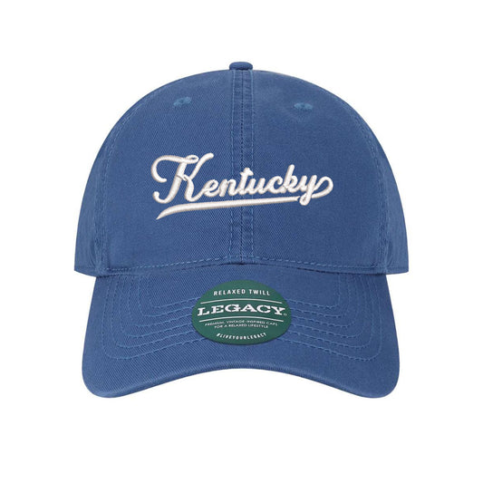 royal blue baseball hat with embroidered kentucky design in white thread