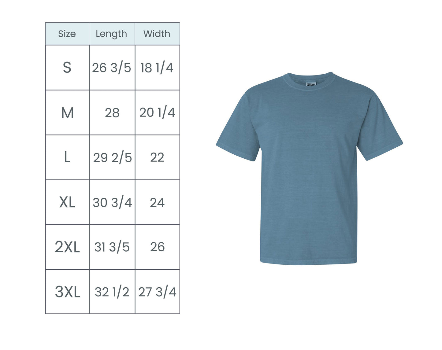comfort colors t-shirt size chart