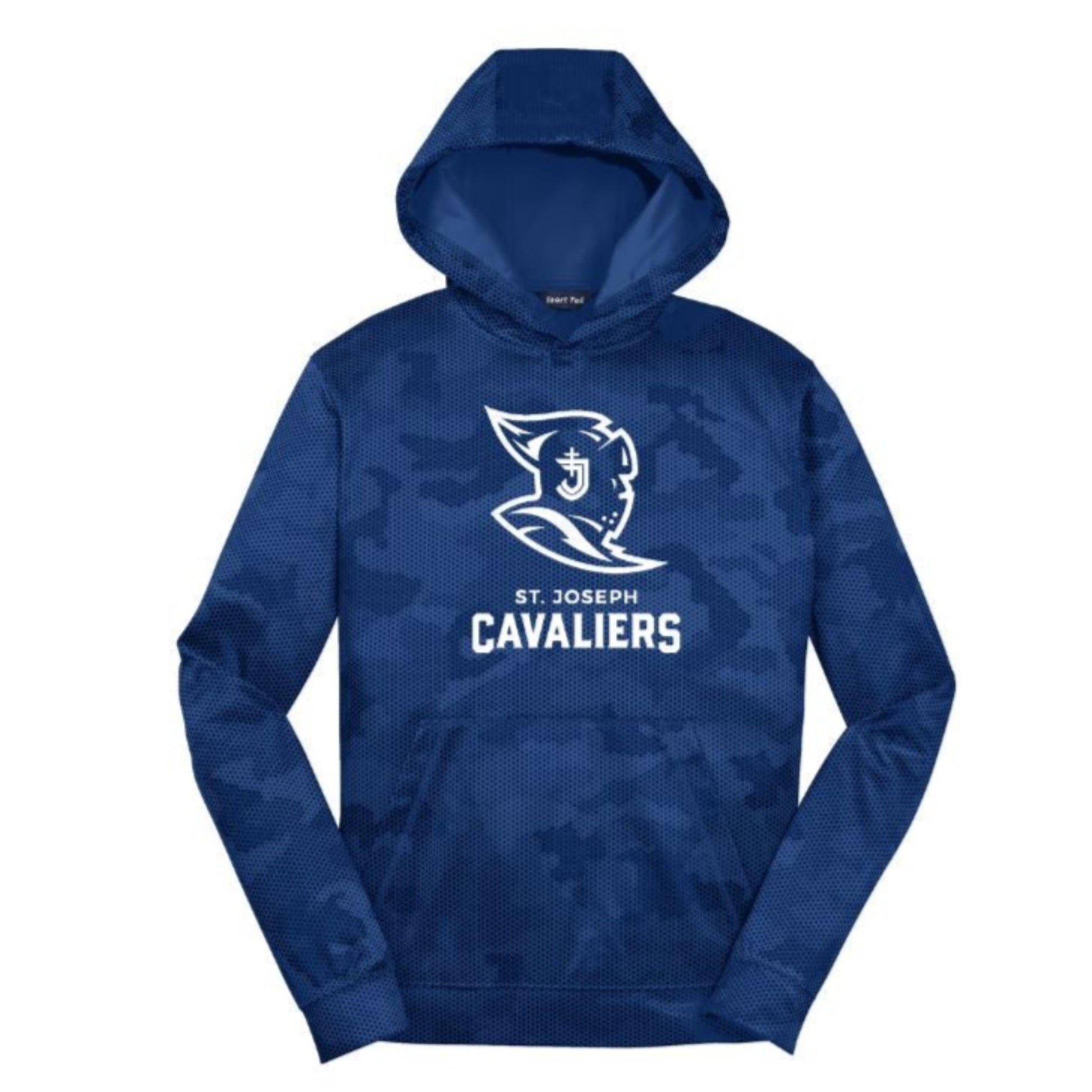 Blue hoodie with 'Cavaliers' text and logo on a white background