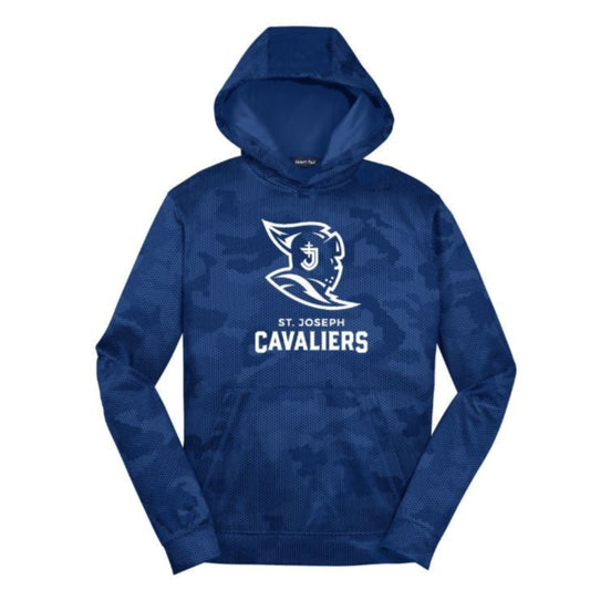 Blue hoodie with 'Cavaliers' text and logo on a white background