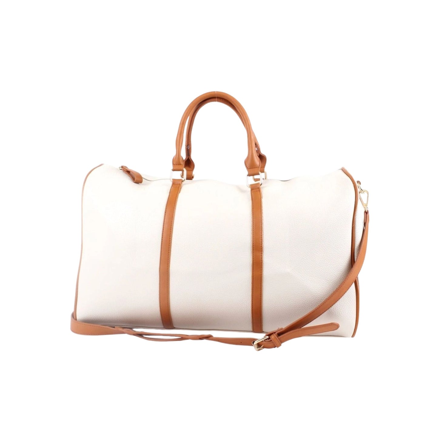 ivory duffel bag with brown leather straps and handle on a white background