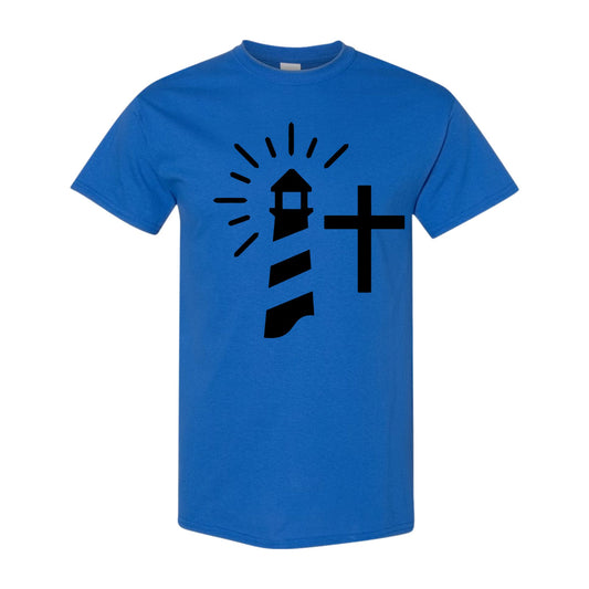 royal blue youth tee with large lighthouse and cross print