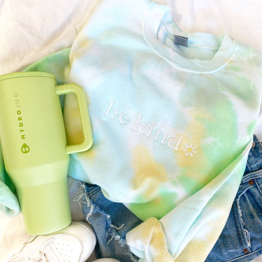 Be Kind Embroidered Daisy Lemon Lime Tie-Dye Crewneck Sweatshirt