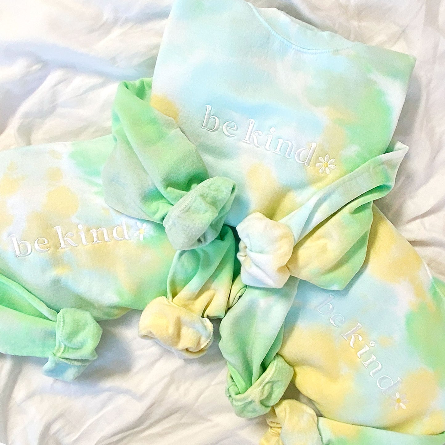 Be Kind Embroidered Daisy Lemon Lime Tie-Dye Crewneck Sweatshirt