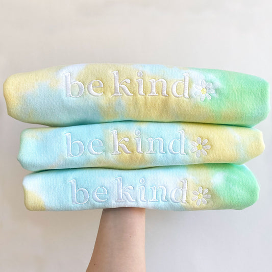 Be Kind Embroidered Daisy Lemon Lime Tie-Dye Crewneck Sweatshirt