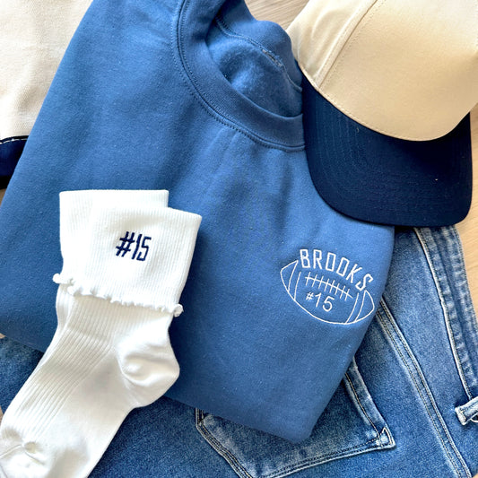 Embroidered Custom Football Player/Number Crewneck Sweatshirt and T-Shirt