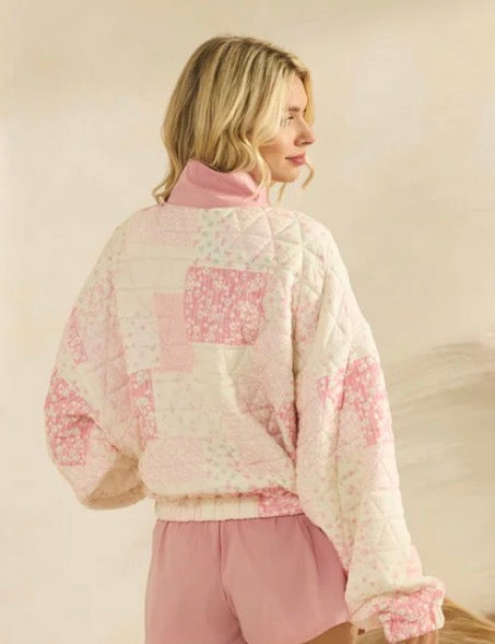 Oversized Quilted Pink and Cream Floral Pullover