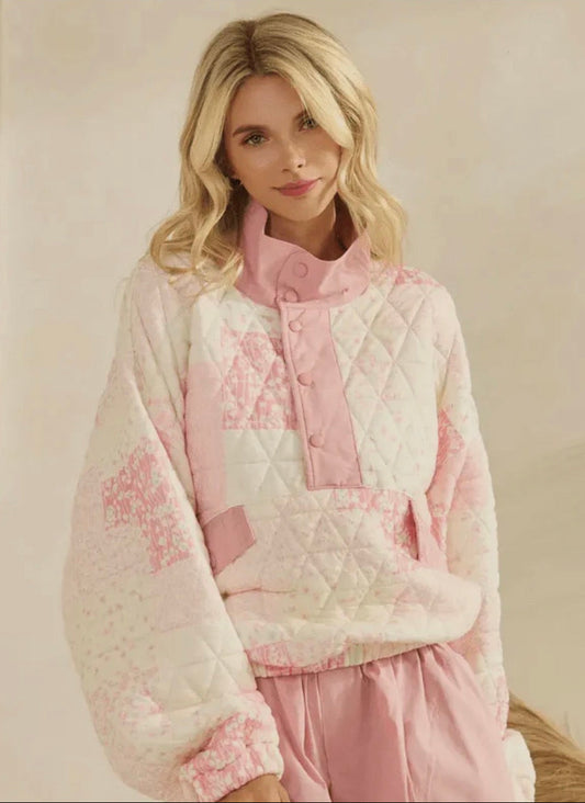 Oversized Quilted Pink and Cream Floral Pullover