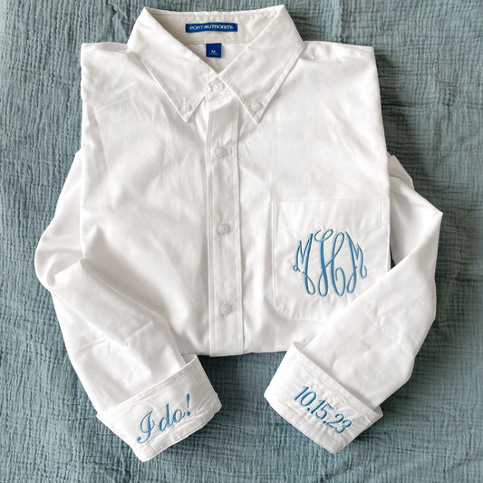  white button down with monogram and cuff embroidery in baby blue thread